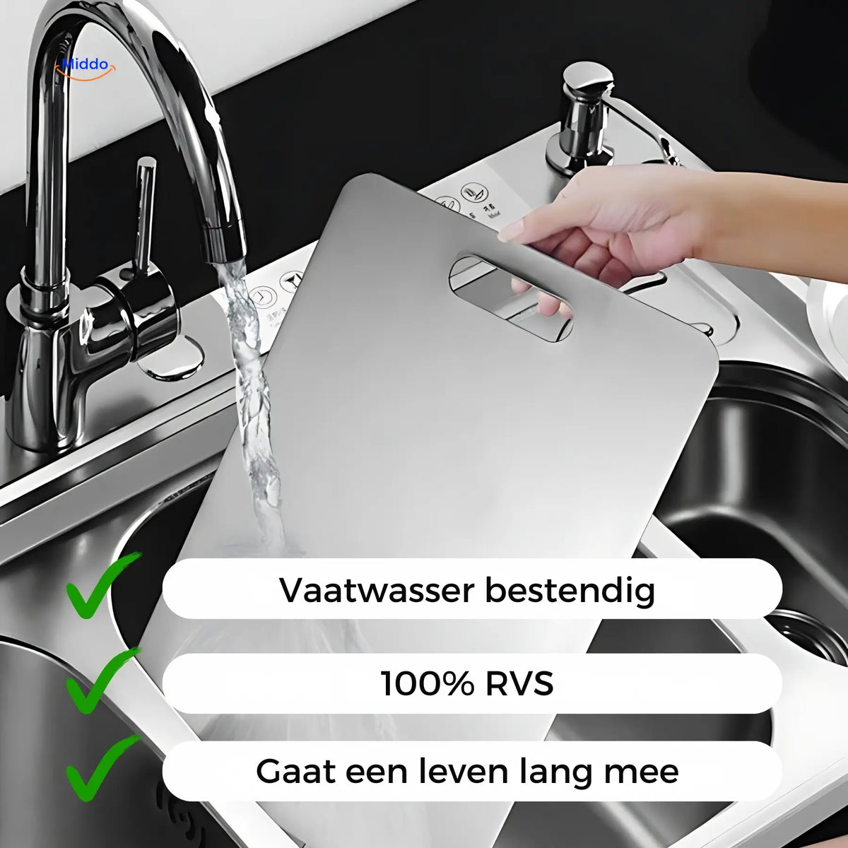 Hand rinsing a SafeCut stainless steel cutting board under a faucet