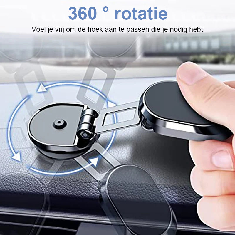 Magnetic phone holder with 360-degree rotation, shown tilted to landscape and portrait angles.