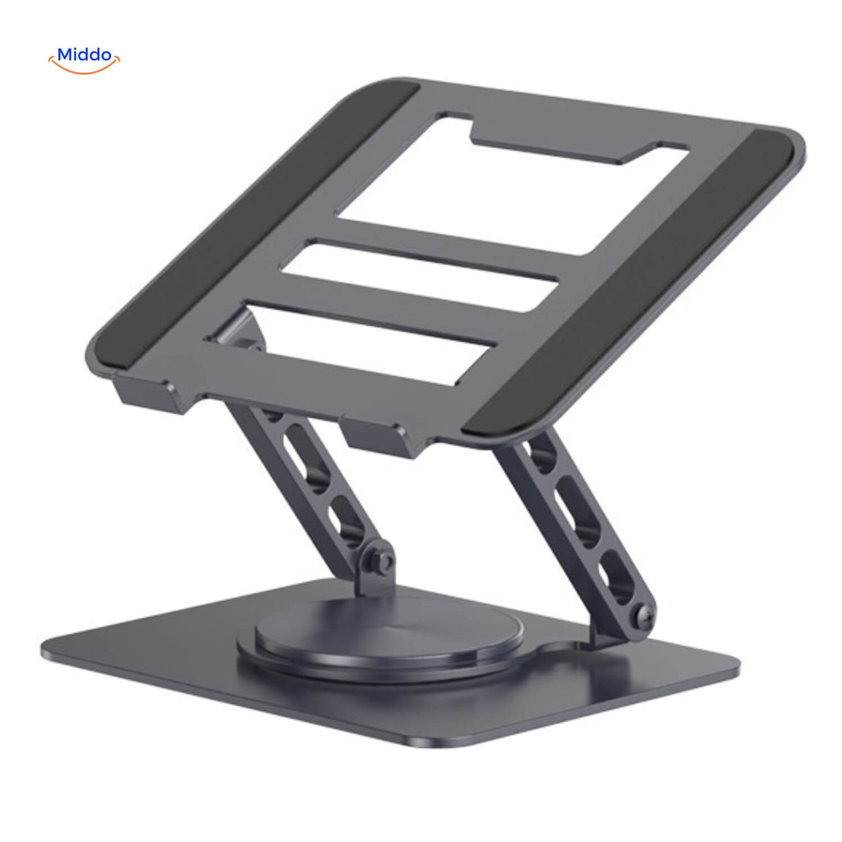 360-degree laptop stand in dark grey aluminum with adjustable viewing angle.