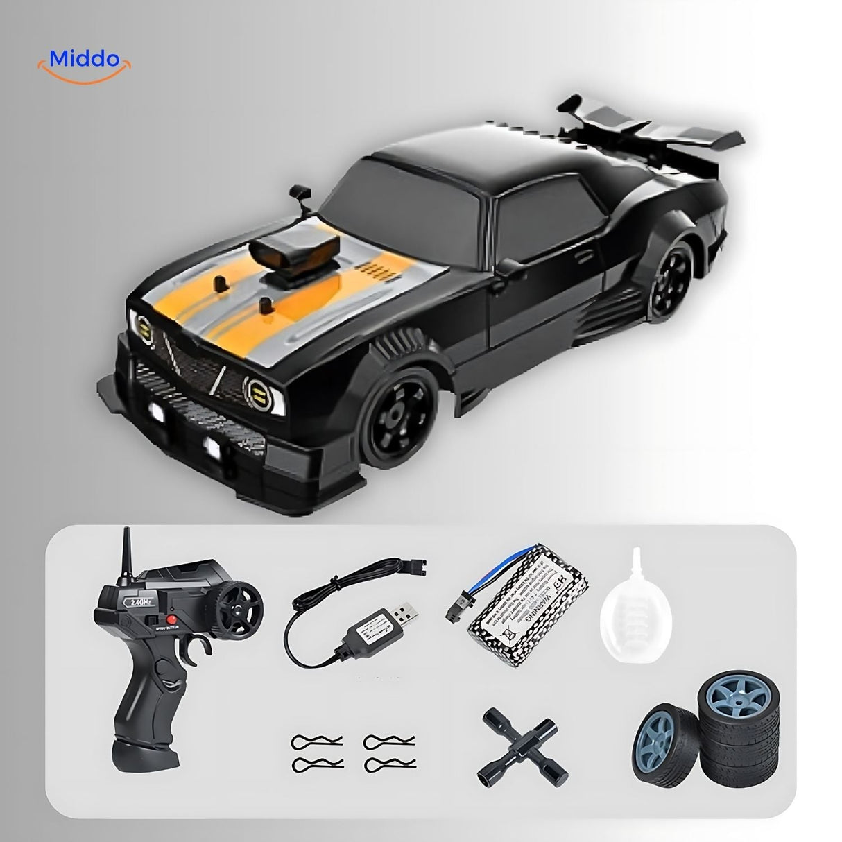 4WD drift RC car in black and yellow shown alongside the complete accessory set