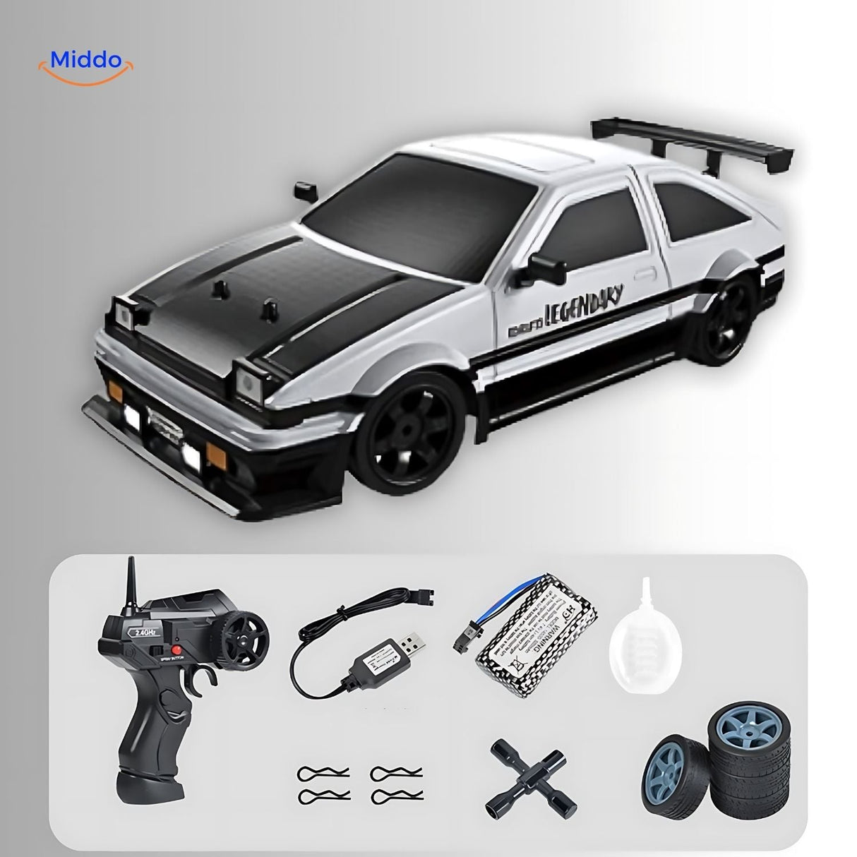 4WD drift RC car in white displayed with the full set of included accessories