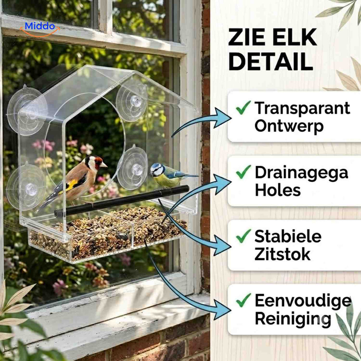 AviHaven clear window bird feeder with drainage and perch