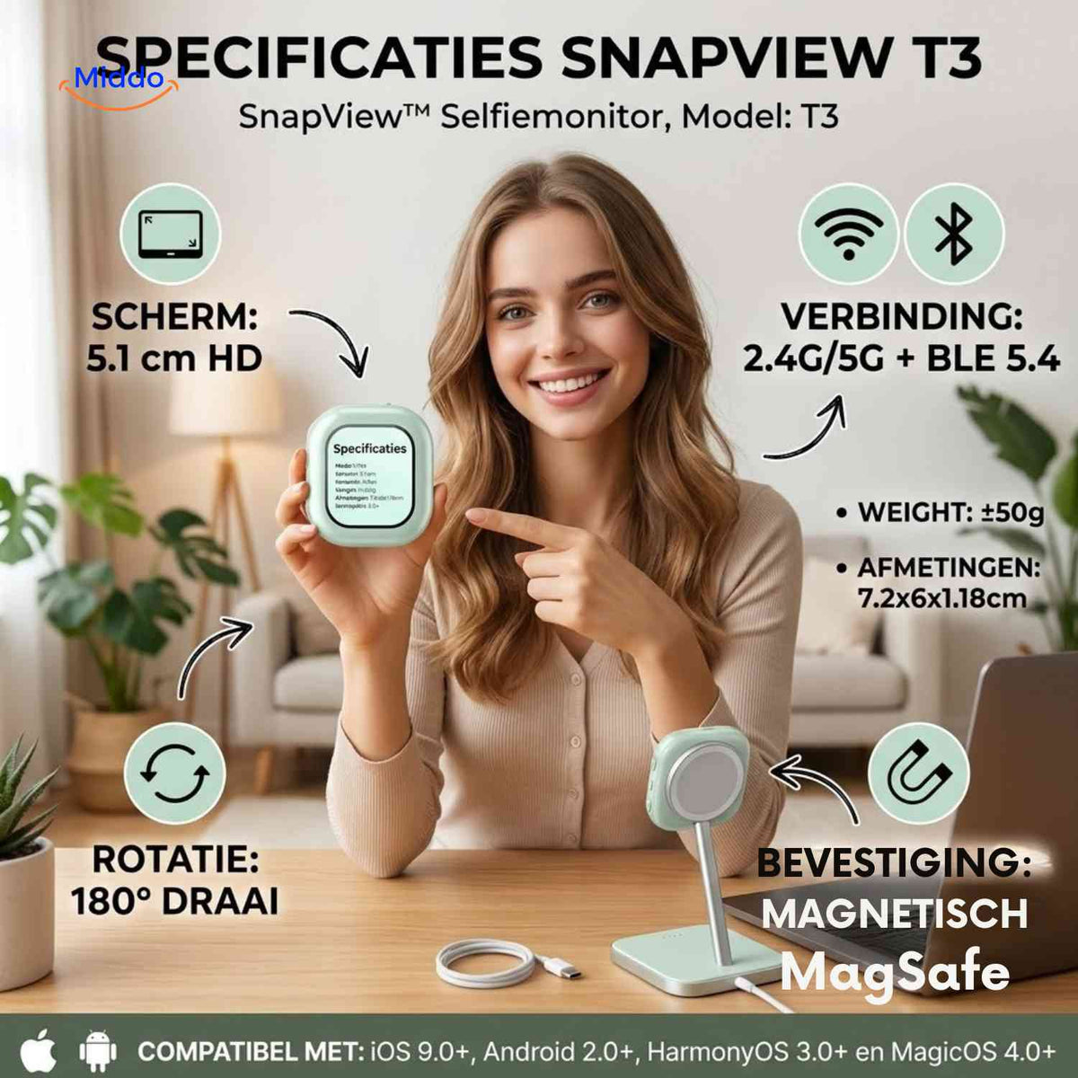 SnapView HD display and MagSafe-compatible mount specifications