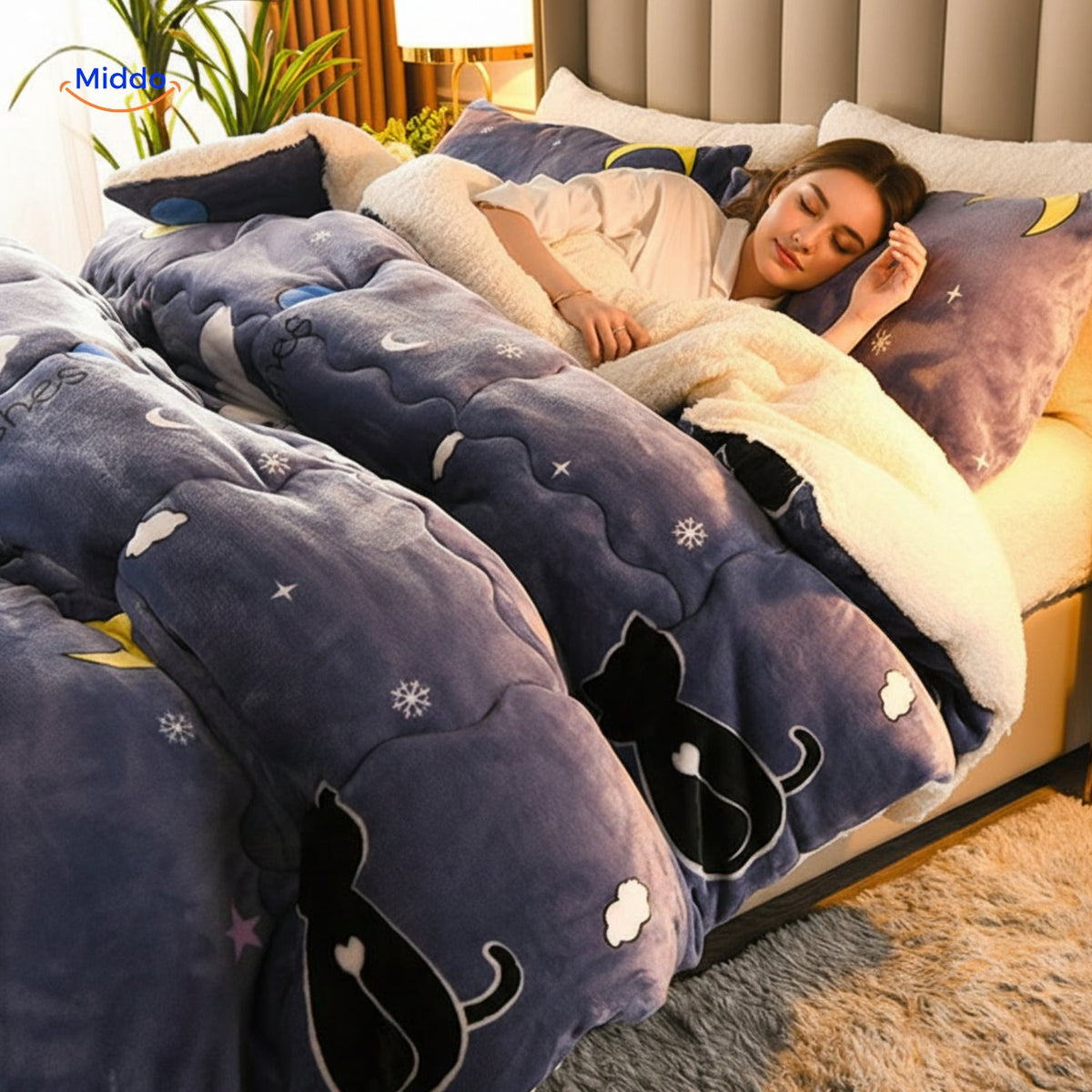 Warmora comfortable winter blanket with sherpa and moon print