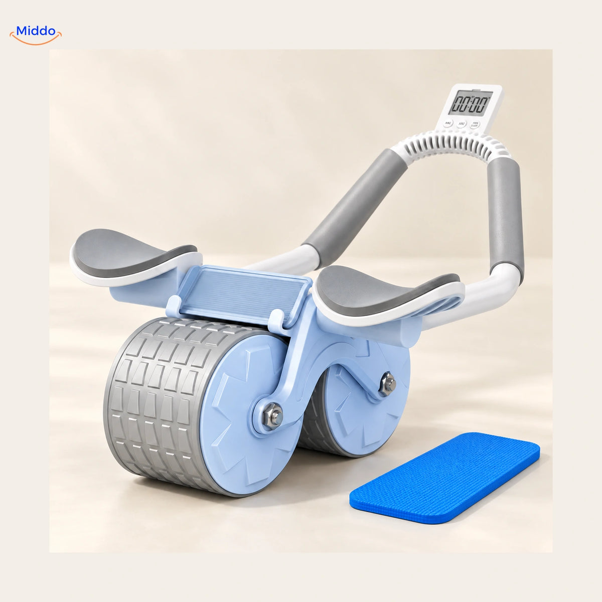 AbWheel Pro™ – Gray Blue with Timer – knee pad approx. 13.4 × 5.9 in