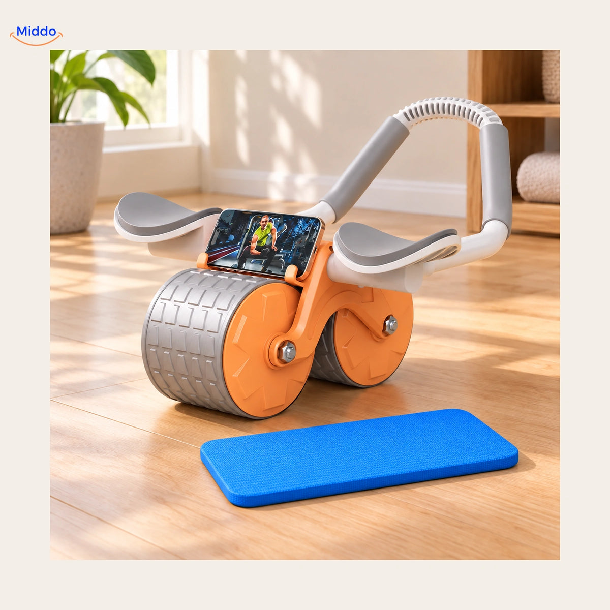 Orange AbWheel Pro with free blue knee pad; phone not included – knee pad approx. 13.4 × 5.9 in