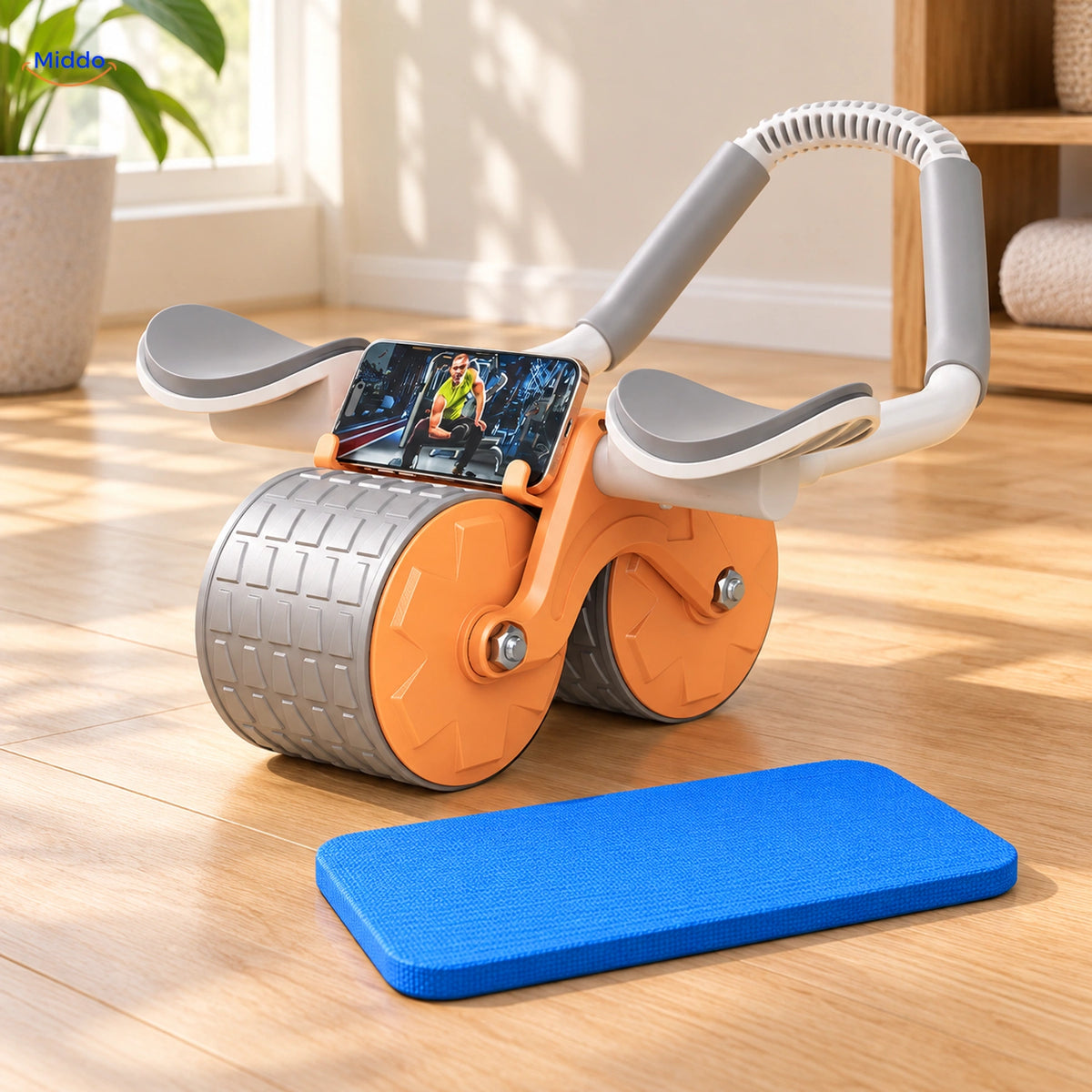 Orange AbWheel Pro with free blue knee pad; phone not included