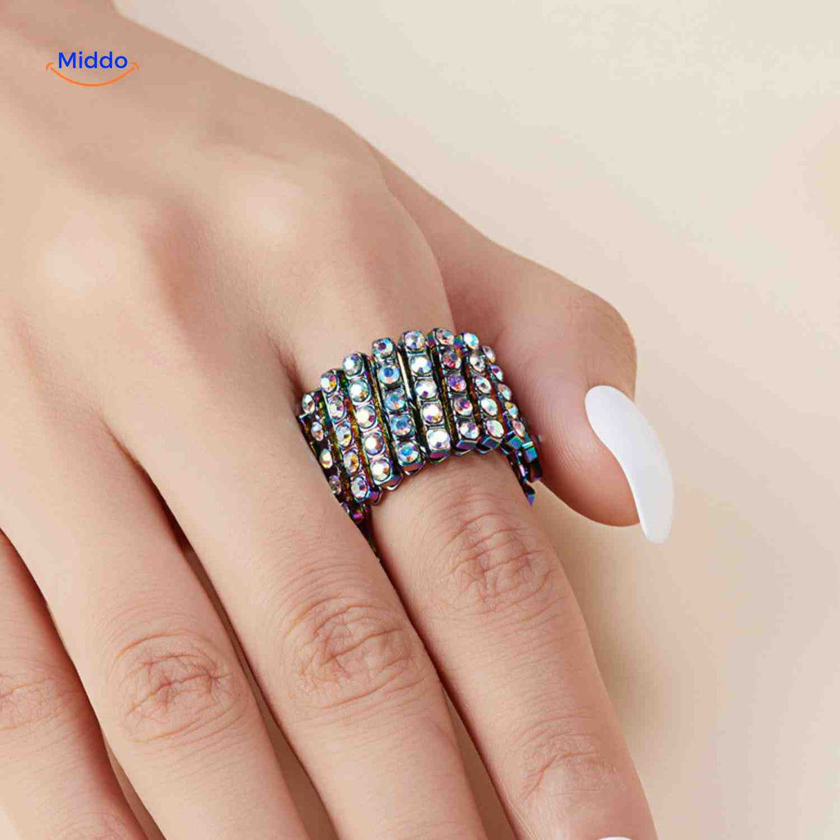Adjustable ring bracelet in silver with crystal rhinestones, wide design.