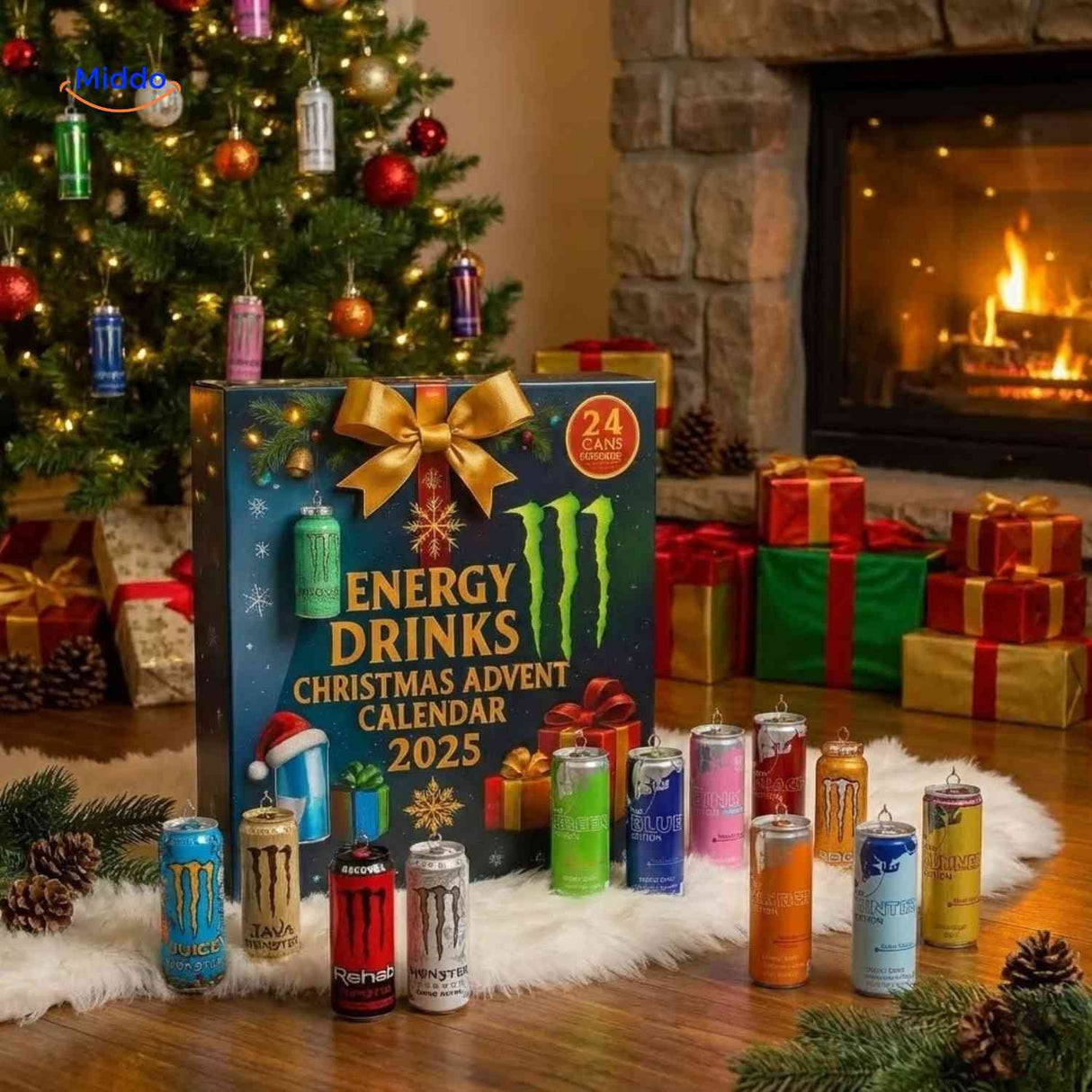 Advent calendar with energy drinks positioned beside a decorated Christmas tree.