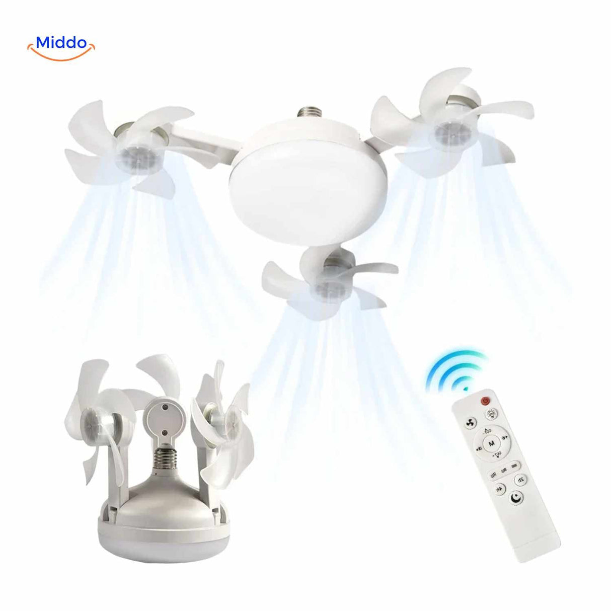 AeroGlow LED fan lamp with retractable fan blades and remote control operation.