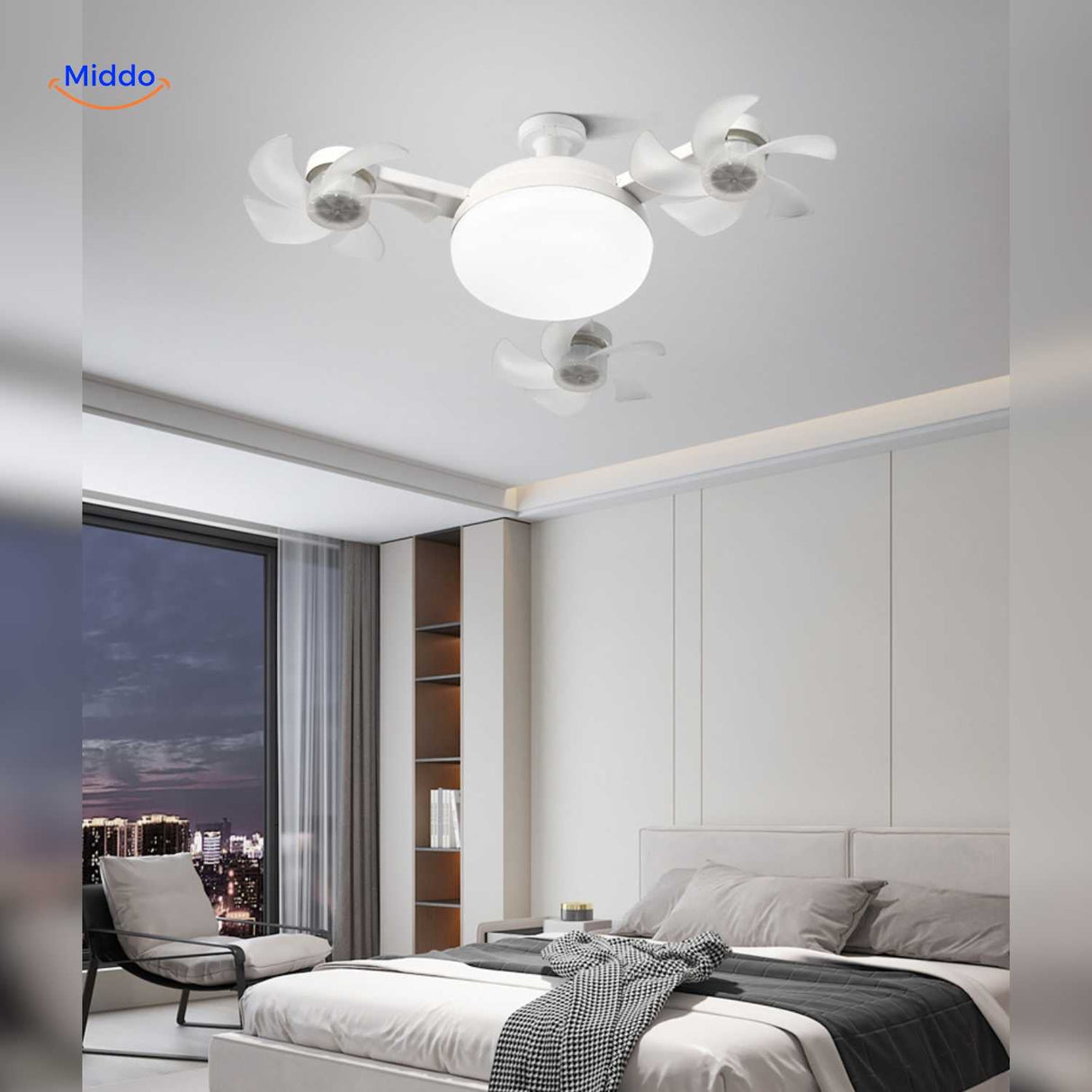 AeroGlow compact ceiling fan lamp with dimmable LED brightness control.