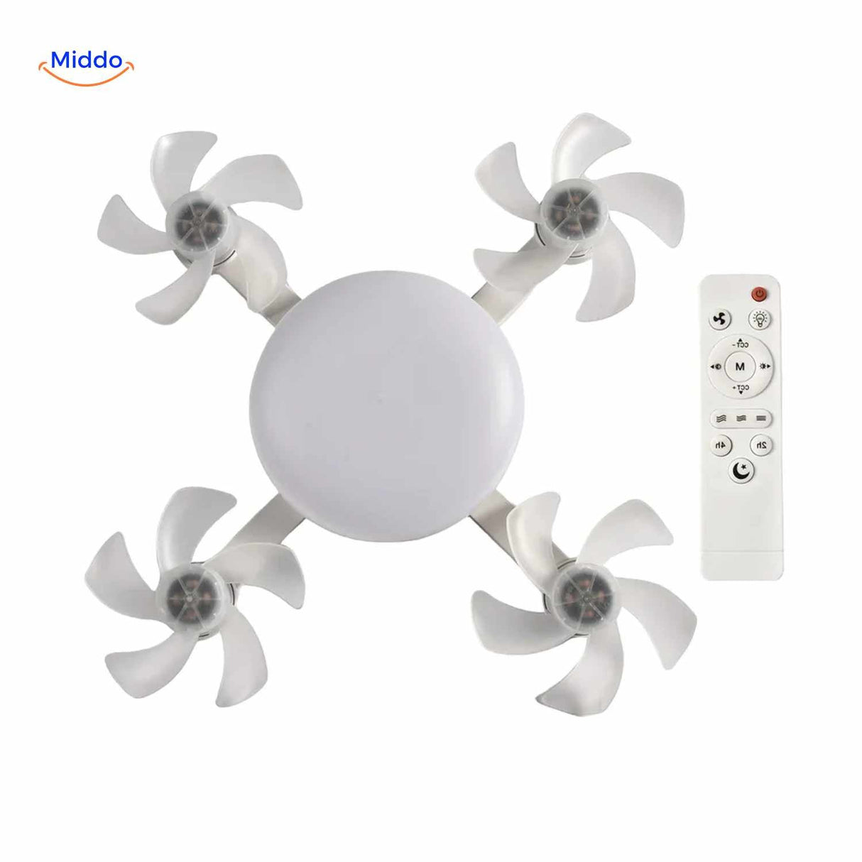 AeroGlow ceiling fan lamp top view showing four-blade fan design with remote.