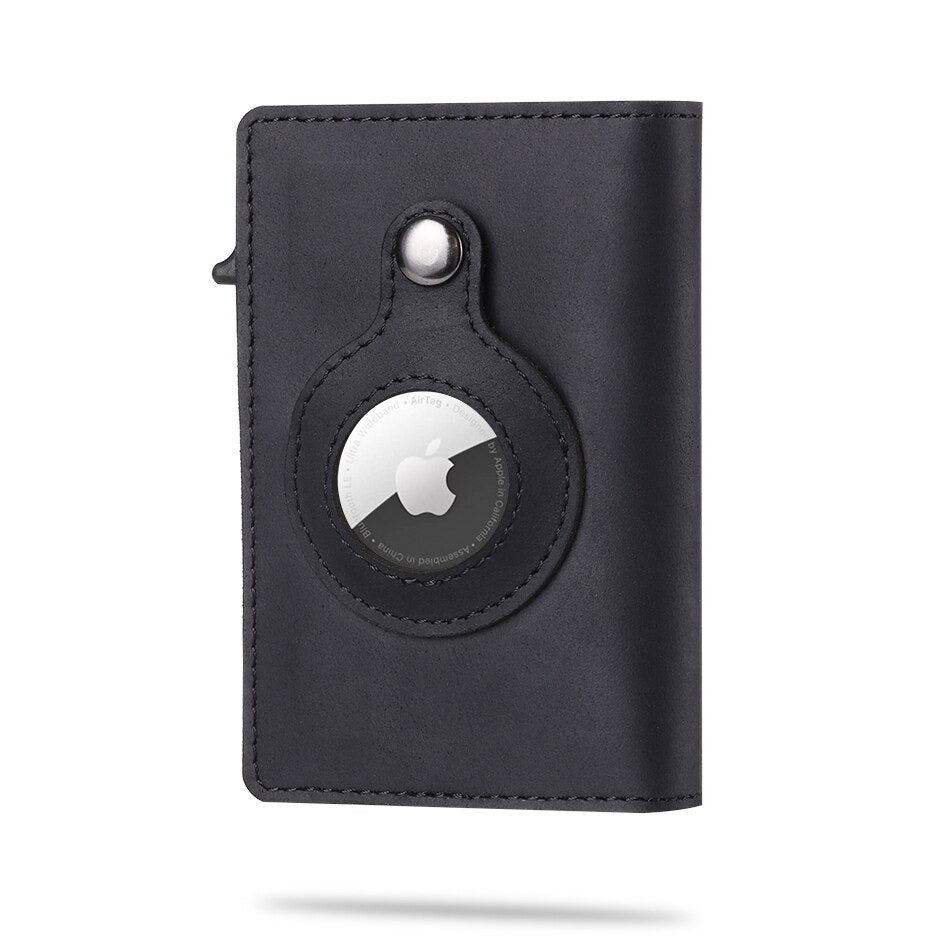 AirTag wallet showing integrated Apple AirTag tracking pocket with secure RFID blocking.