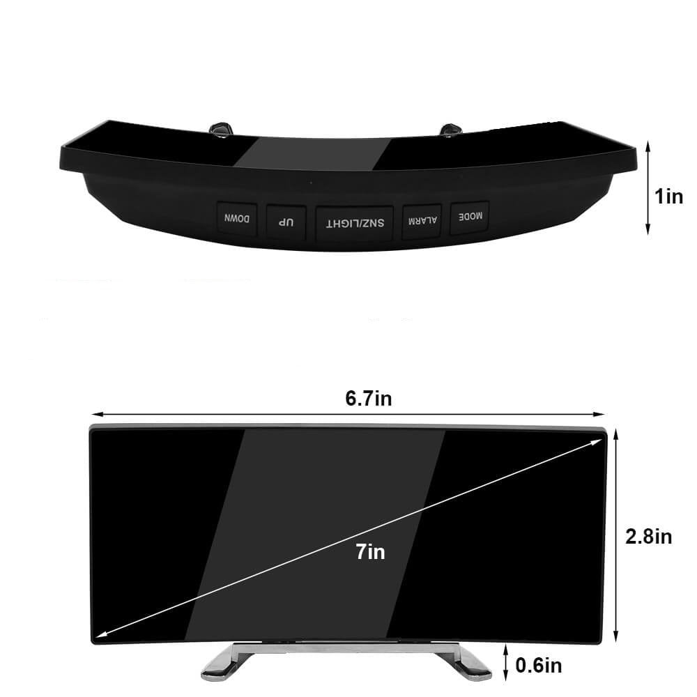 Dimensions and size chart of curved LED digital alarm clock with measurements.