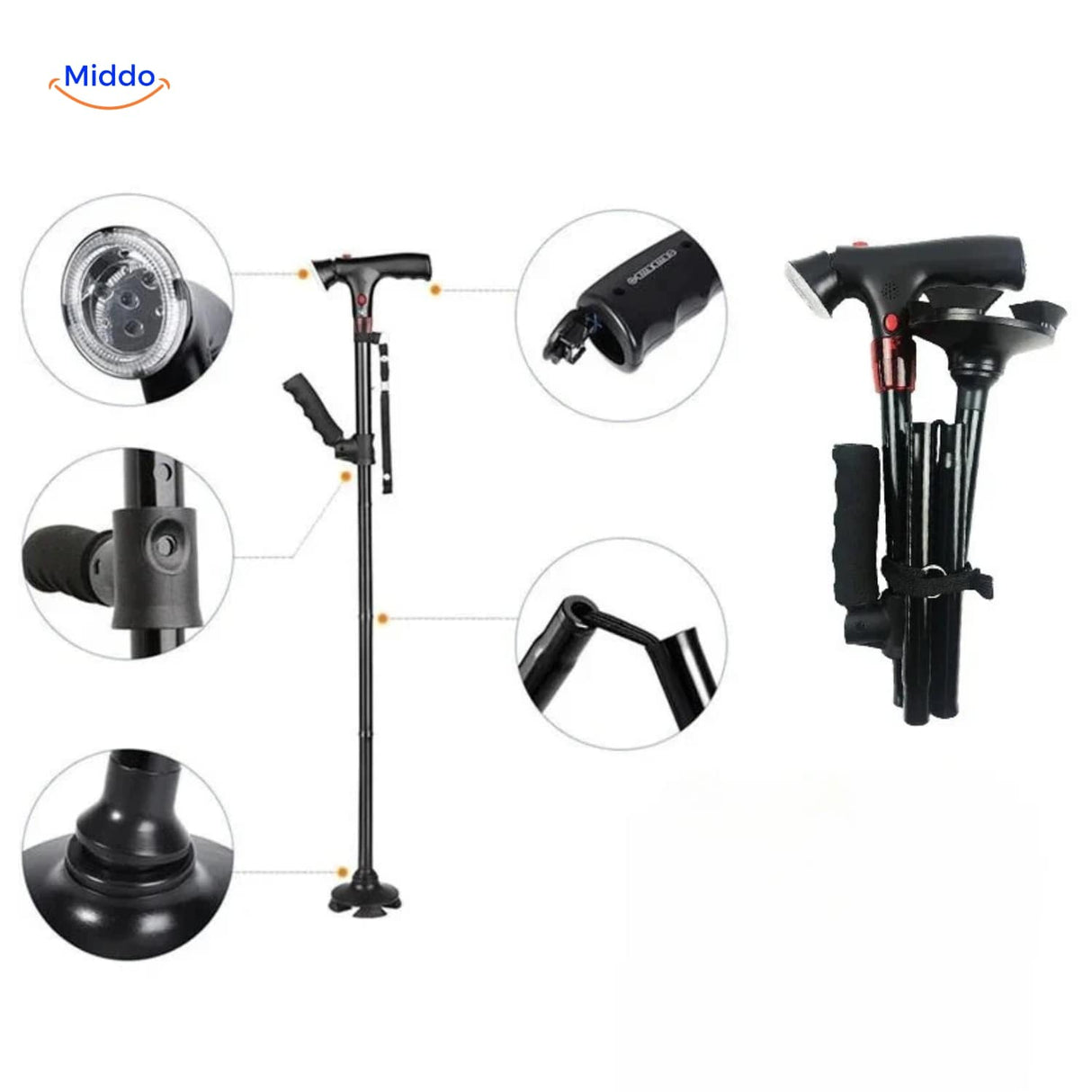 AluCare cane LED lighting system with folded view and detail of adjustment settings.