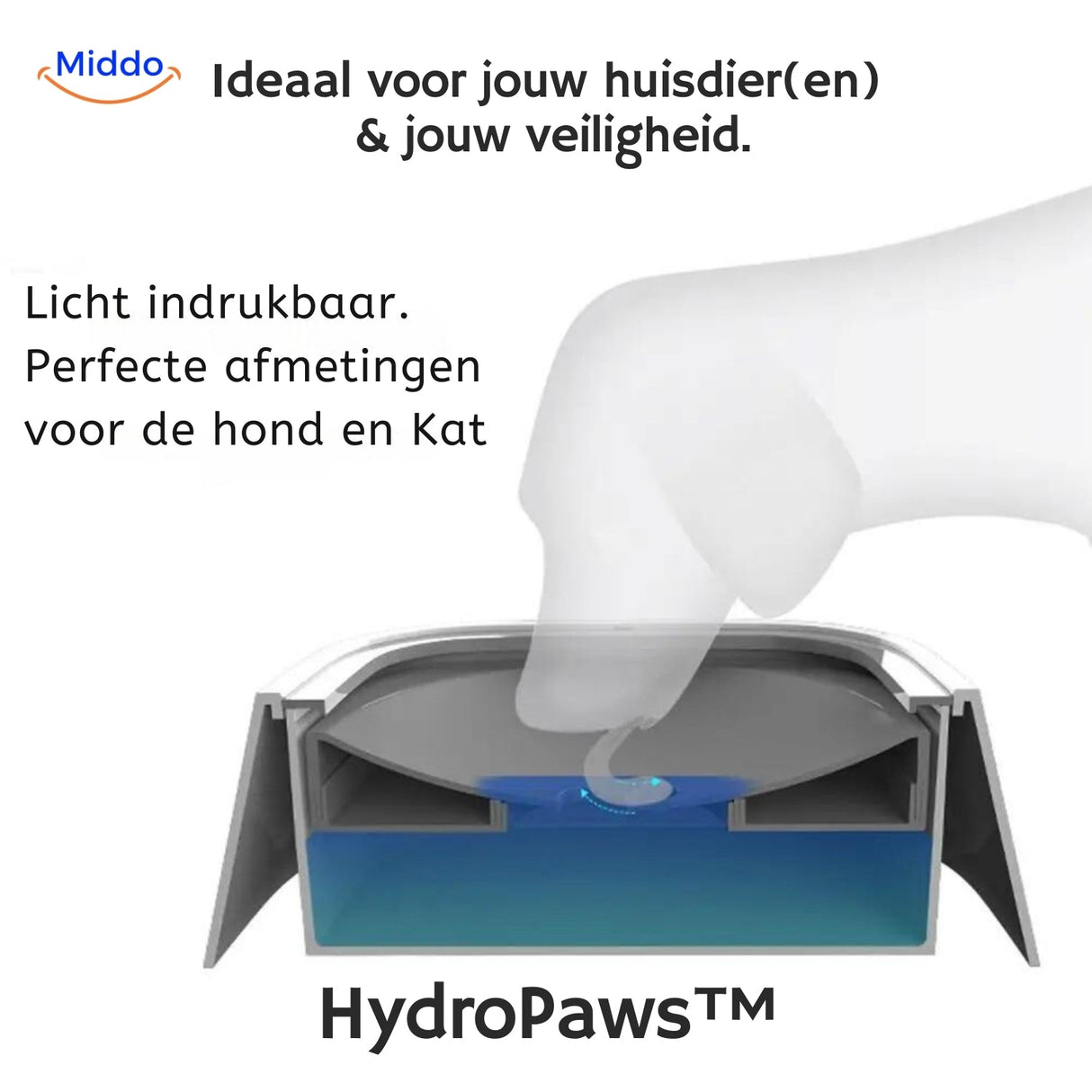 Anti-splash spout design on HydroPaws water bowl for safe drinking.
