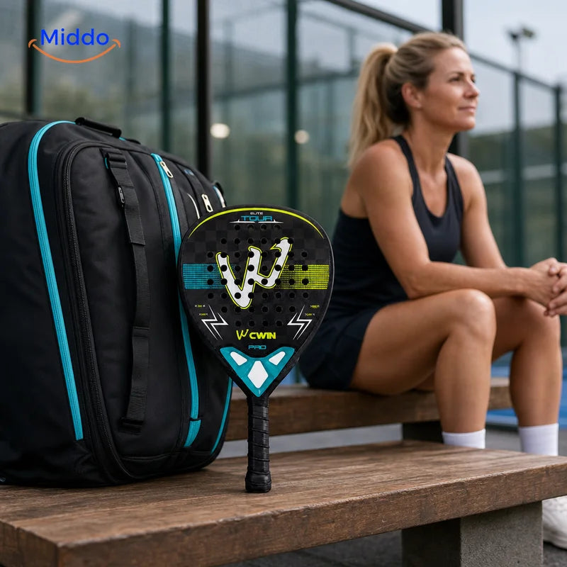 ApexTour premium padel racket and protective carry bag after a match