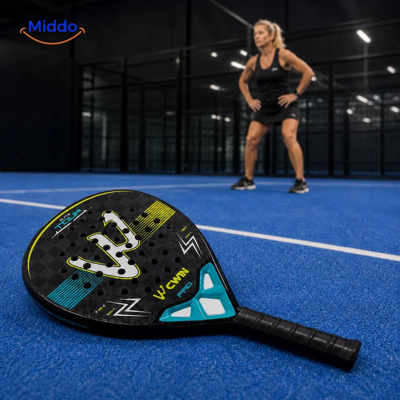 ApexTour 18K carbon pro padel racket ready on a premium padel court