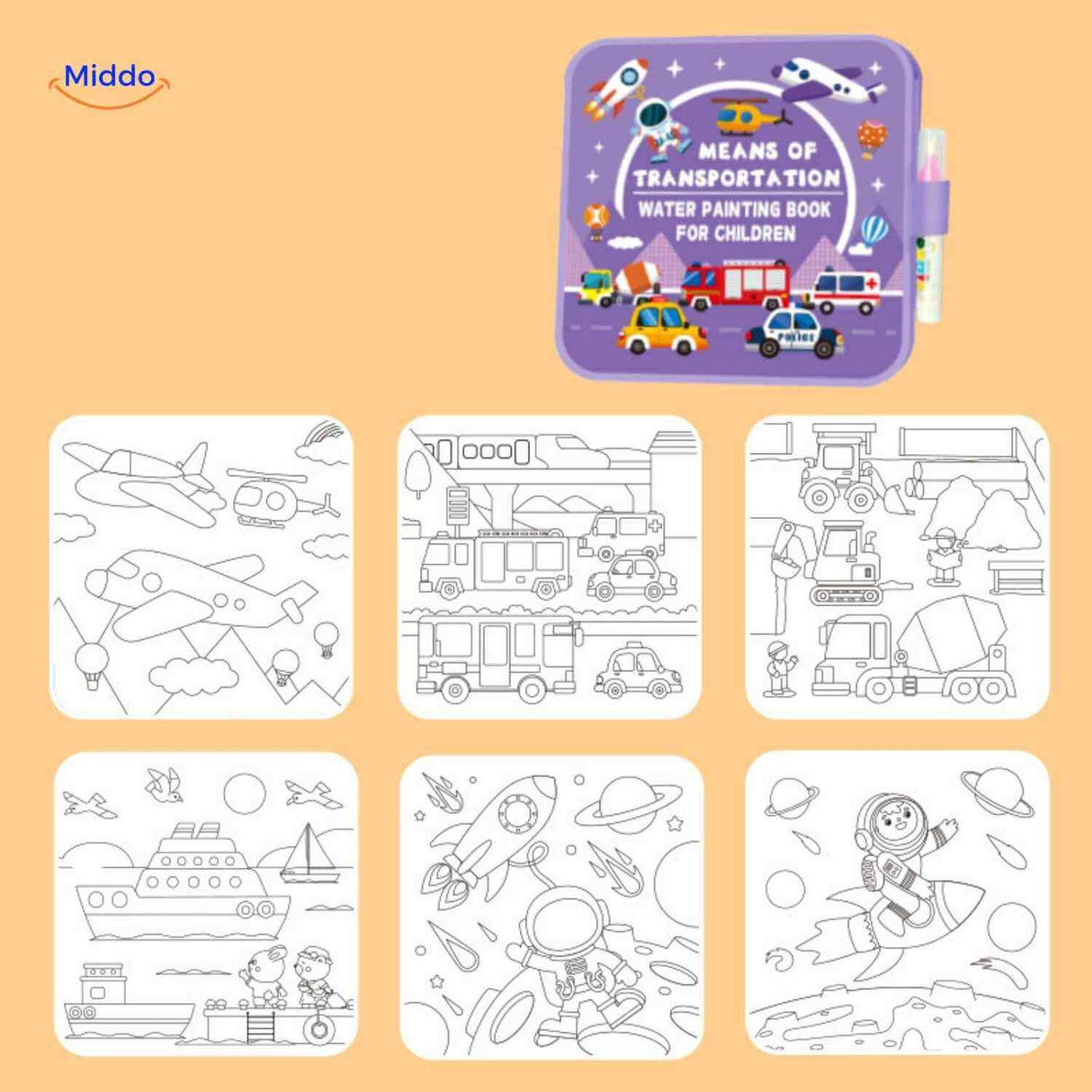 Water coloring book with planes, cars, and transportation vehicles for kids.