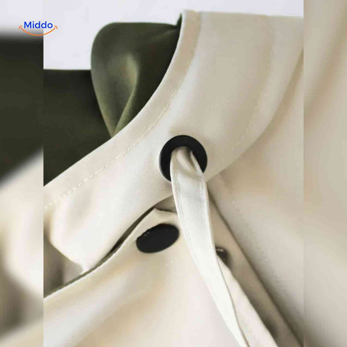 AquaShell trench coat detail showing premium buttons and closure.