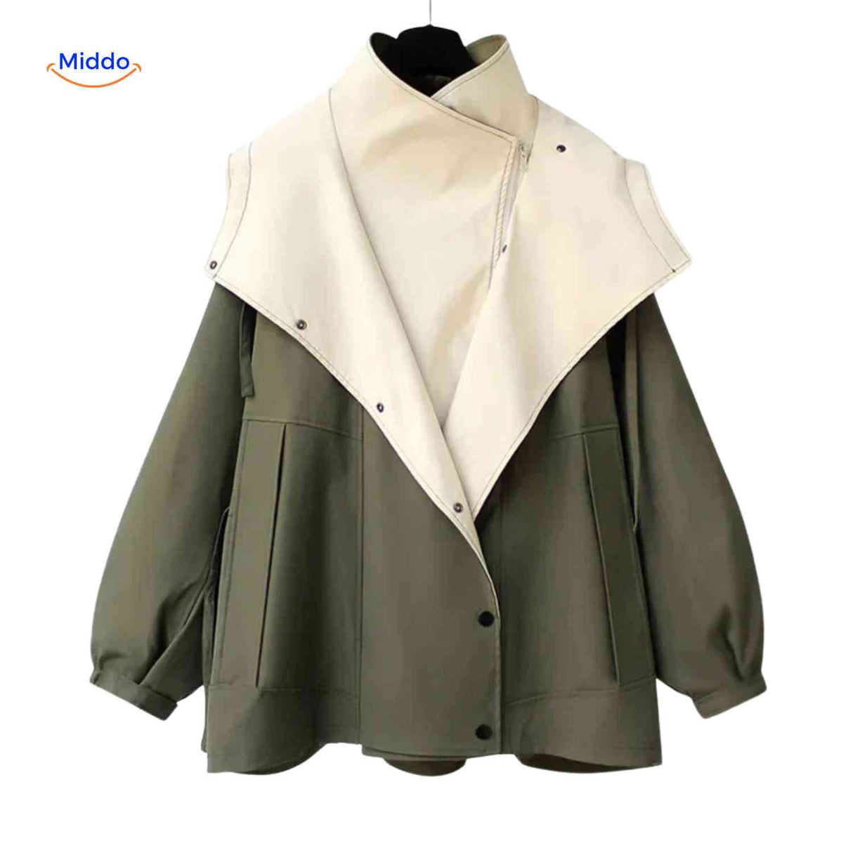 AquaShell trench coat in green with high collar design.