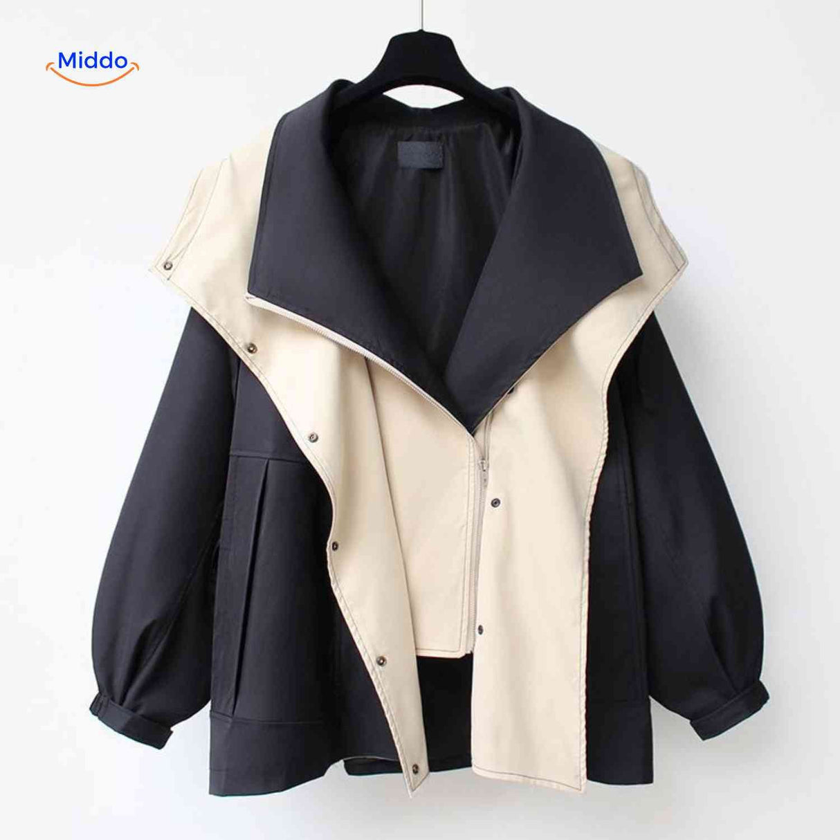 Water-repellent AquaShell trench coat in black with light contrast collar.