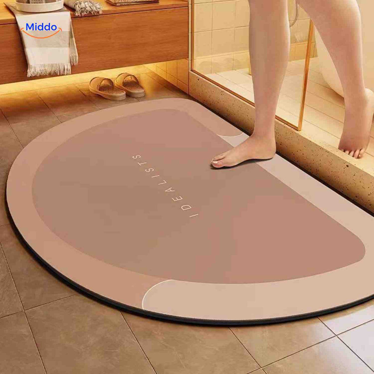 Brown semi-circle quick-dry bathroom mat with reliable grip backing.