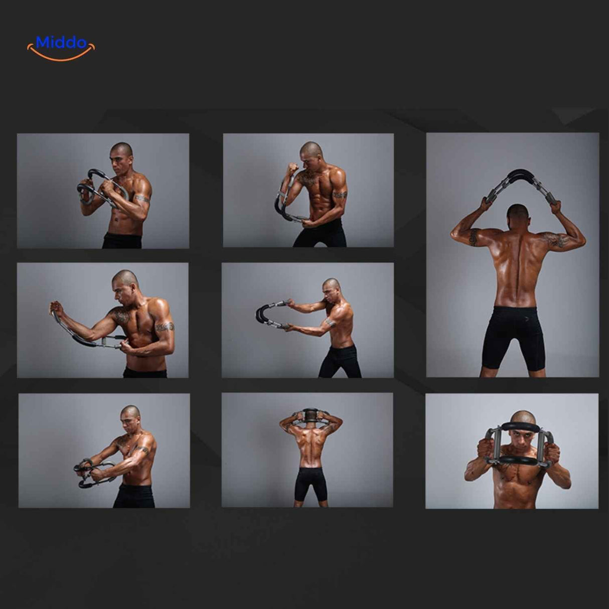 Various training positions for building arm strength and shoulder muscles.