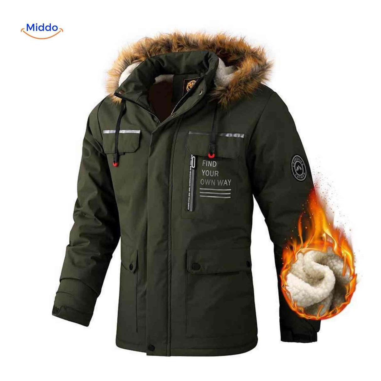 Army green waterproof men's winter jacket with hood and flap pockets.