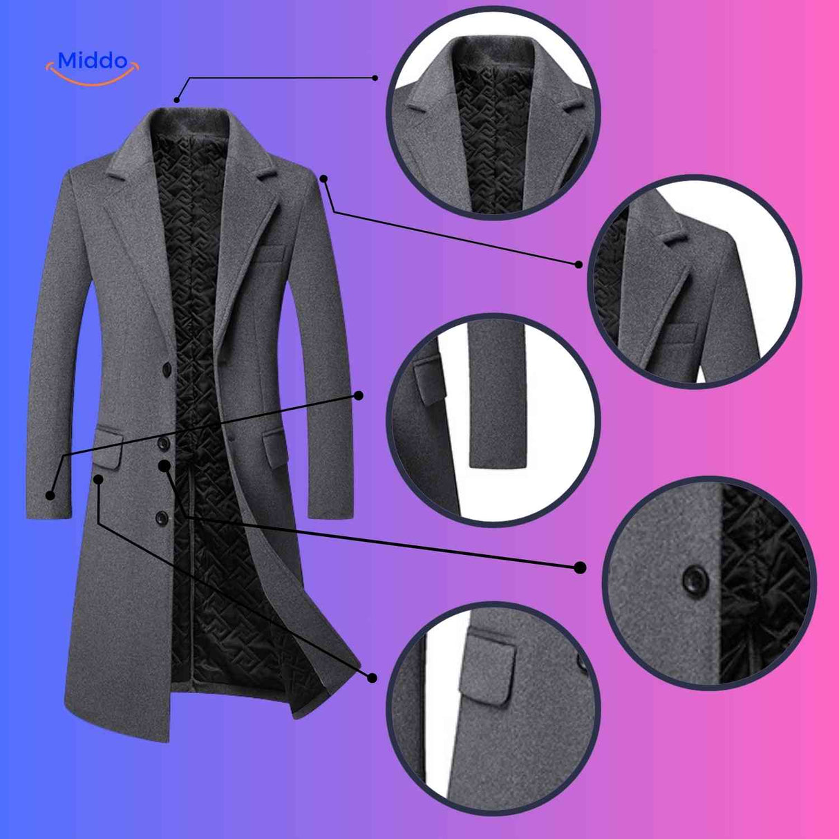 Close-up detail of ashford trench coat fabric weave and tailored construction.