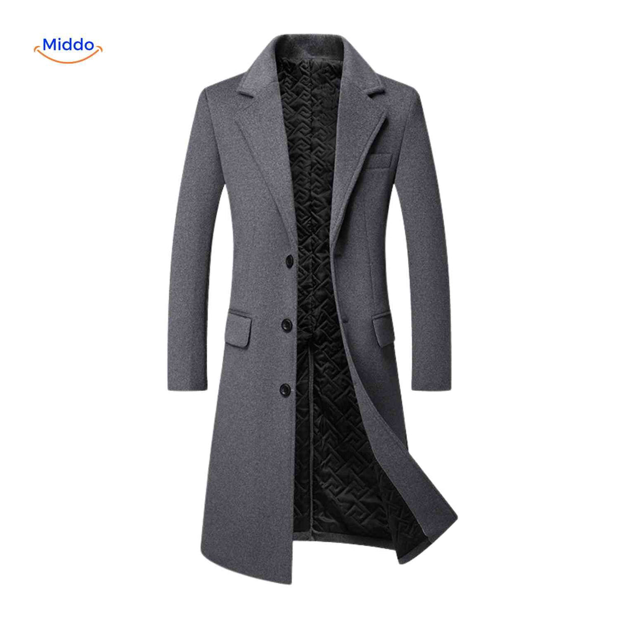 Gray wool coat interior with quilted lining for warmth and comfort.