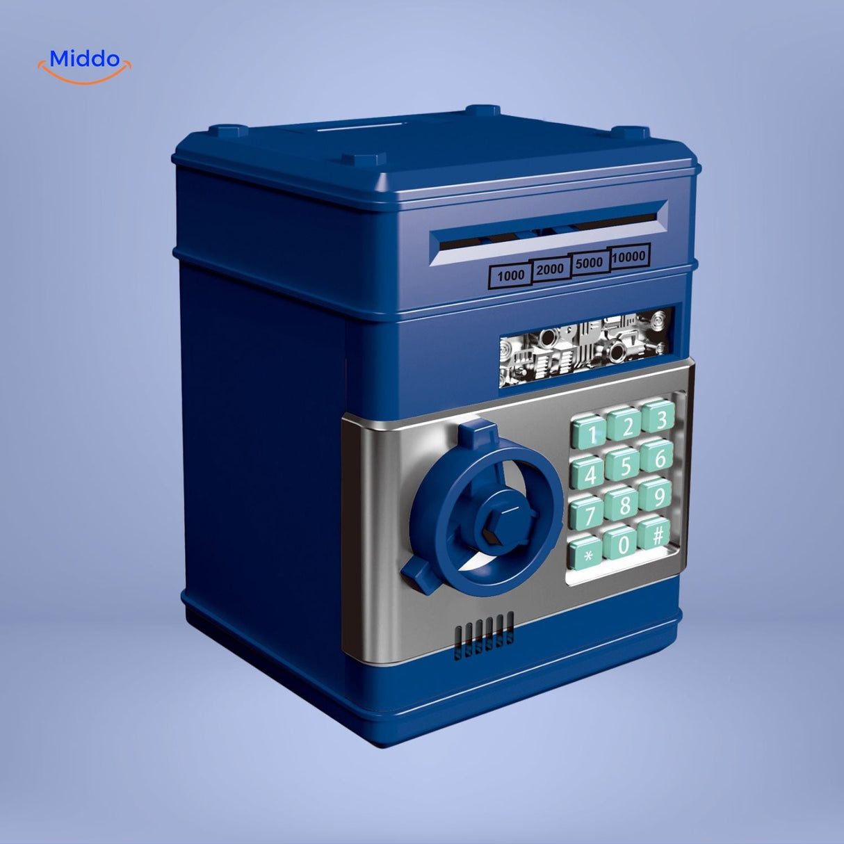 White and blue ATM savings bank with PIN code entry and secure money slot.