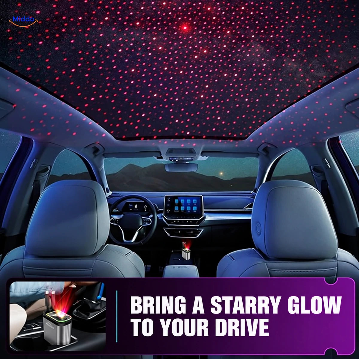 AutoCharge RGB starlight projection across a car interior.