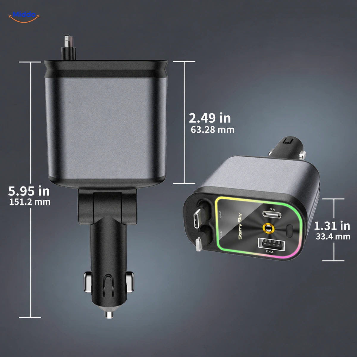 AutoCharge car charger measurements: 5.95-inch overall length, 2.49-inch body height, and 1.31-inch width.