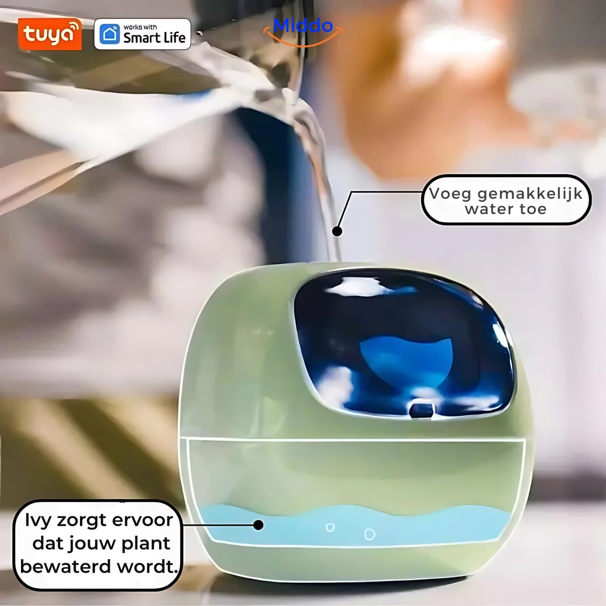 Smart planter demonstrating automatic watering system with app-connected moisture monitoring technology.