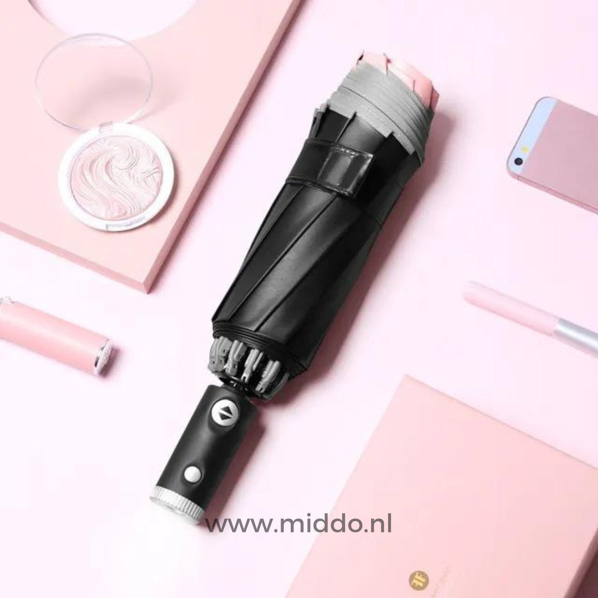 OnePlu automatic windproof umbrella in pink with reflective edge.