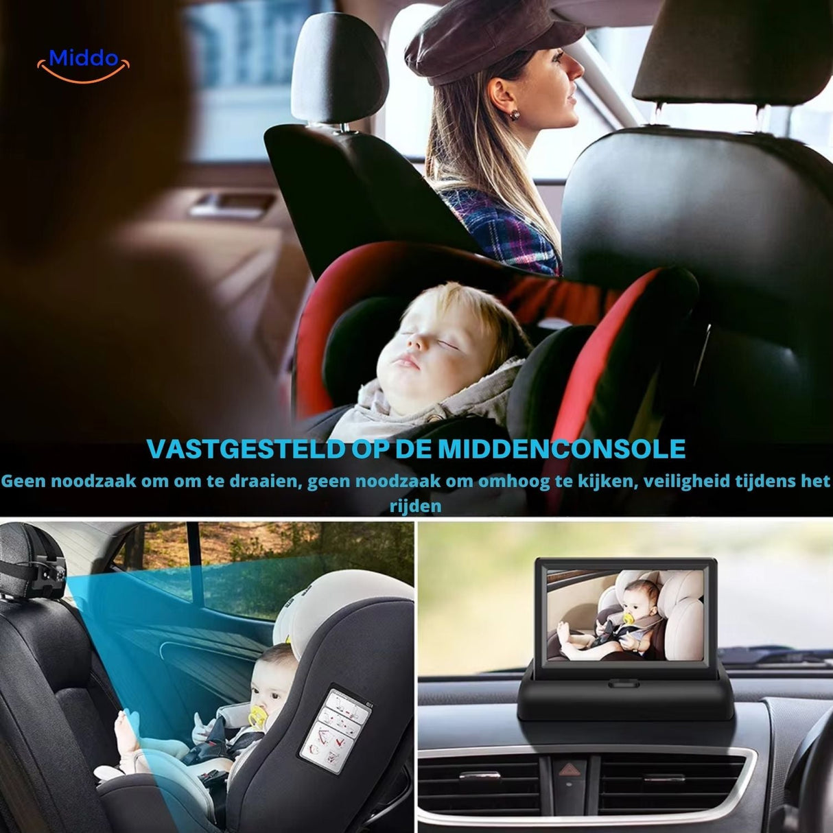 Baby car camera mounted on dashboard for safe, secure monitoring while driving.