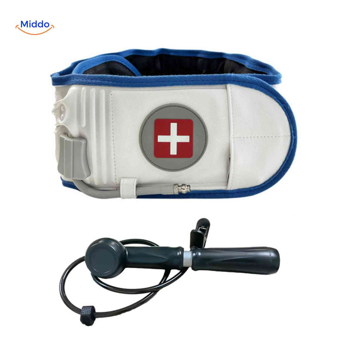 Inflatable back brace available in blue and white with manual pump.