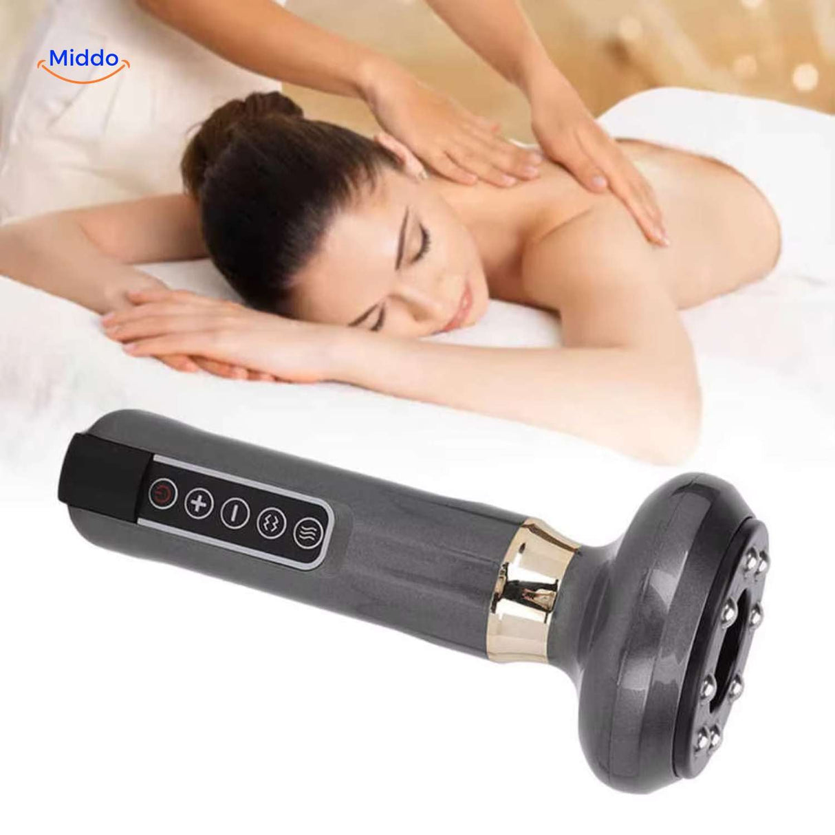 Full back gua sha massager with heat therapy for upper and lower back tension relief.