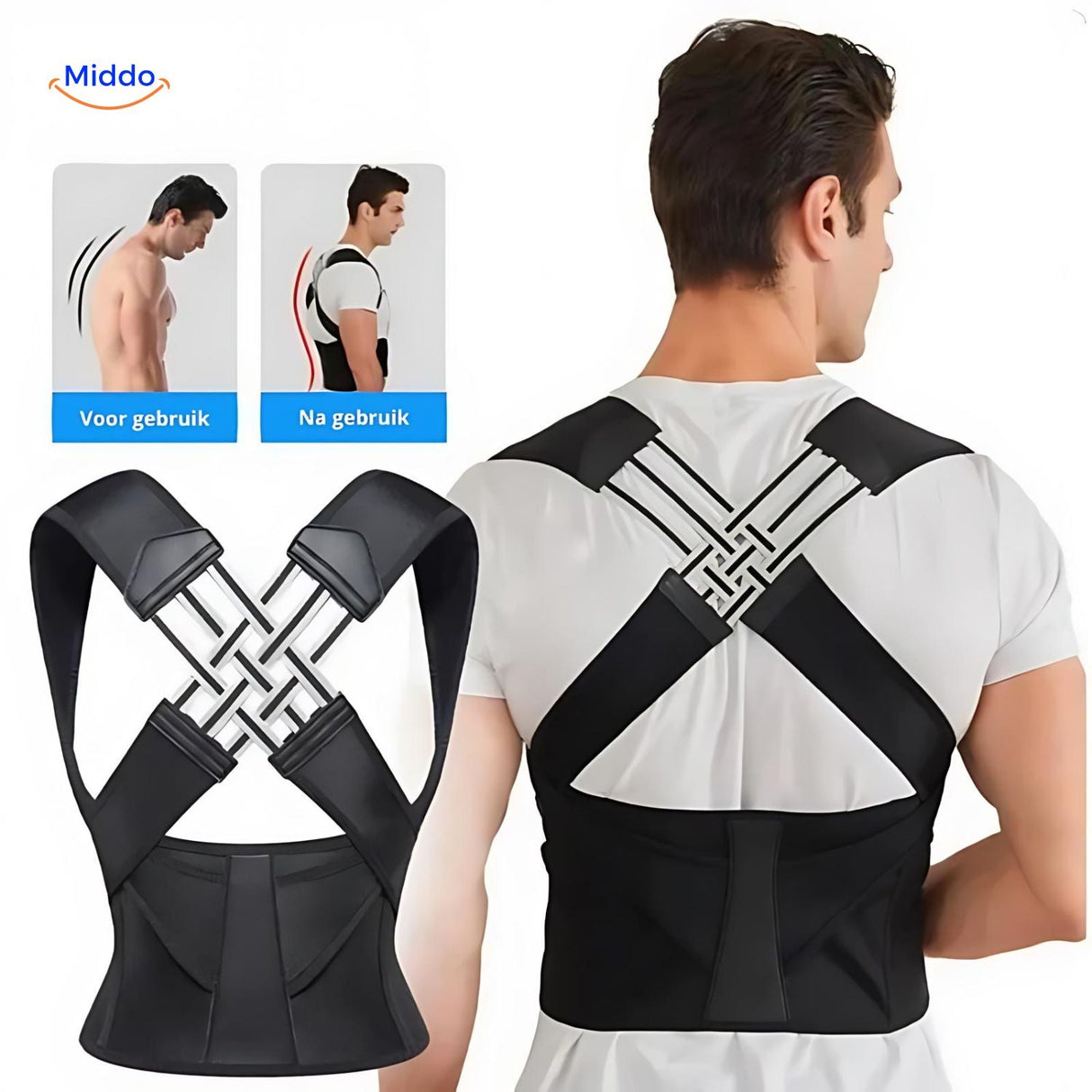 Before and after using the back support brace, illustrating posture improvement with regular wear.