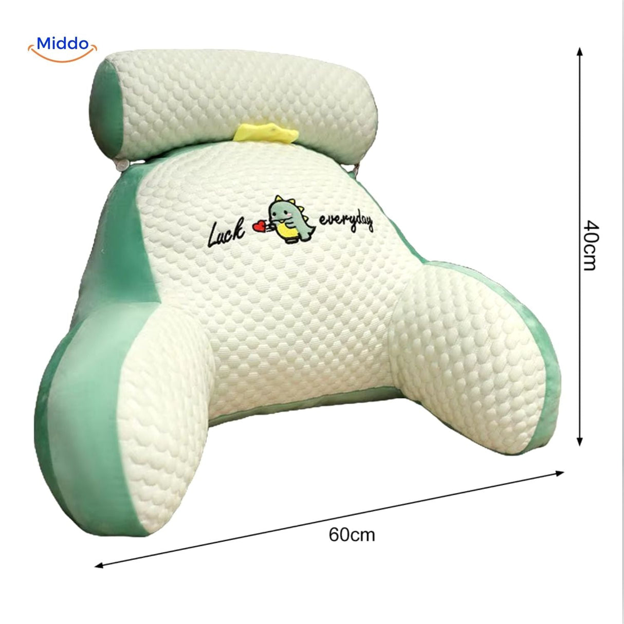 Lumbar support pillow in green with dinosaur design and text for fun seating.
