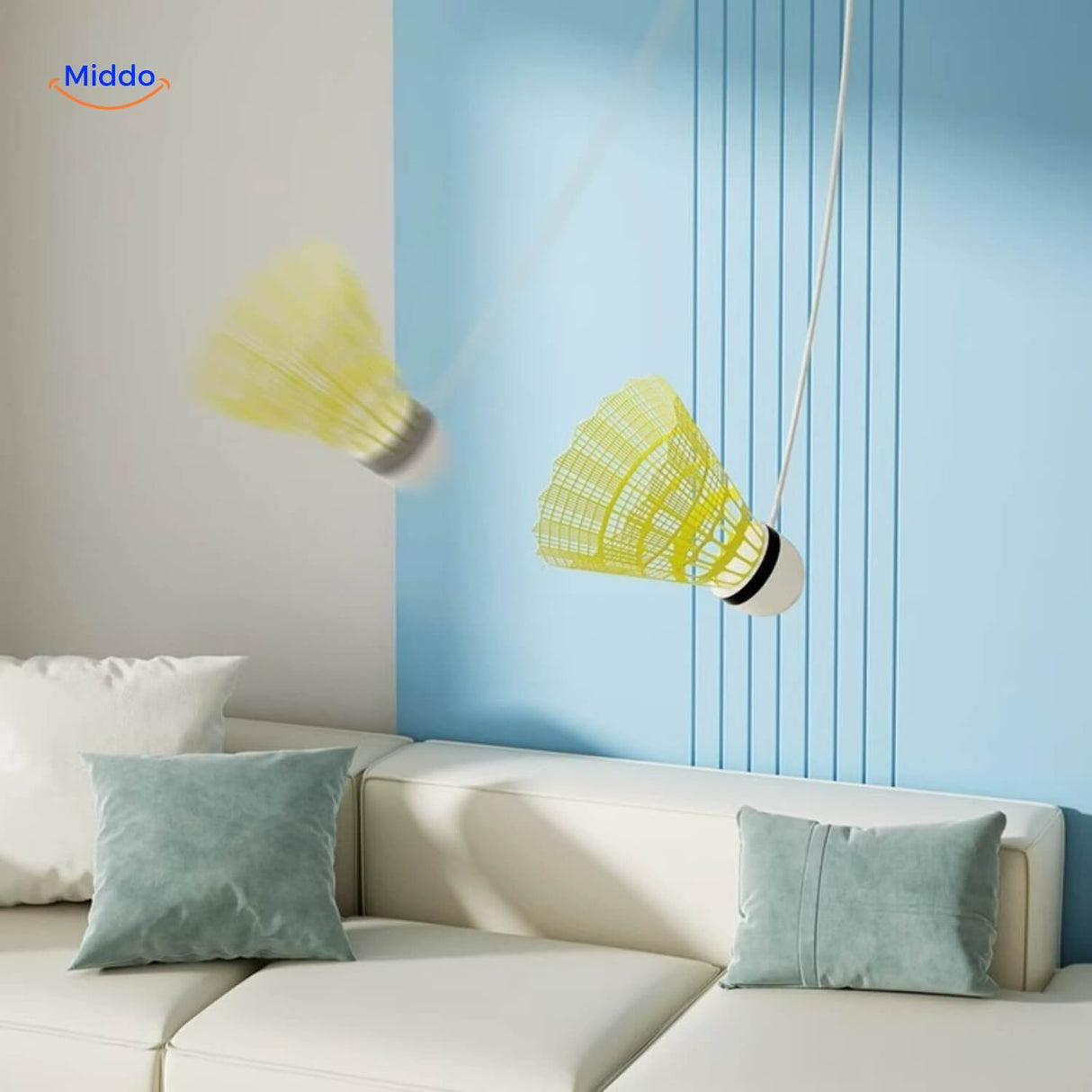 Spinpro badminton trainer positioned for solo play in home living room