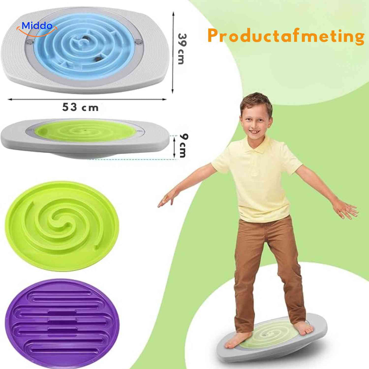 Product sizing guide showing balance board with replaceable maze disc system