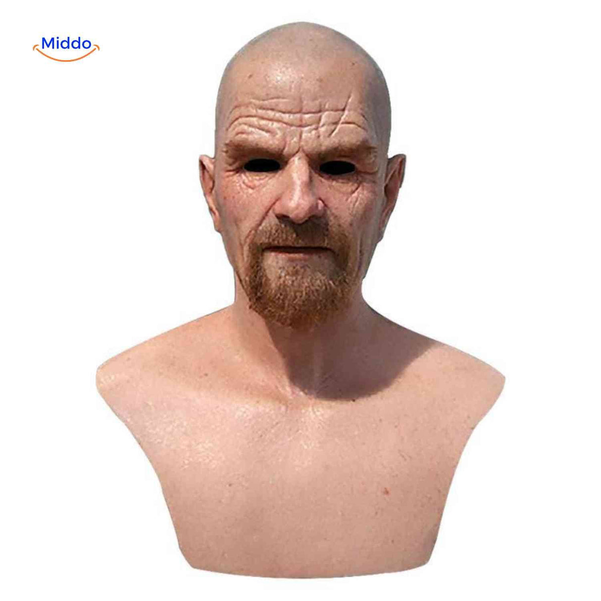 Bald realistic mask with full beard and deeply aged facial characteristics.