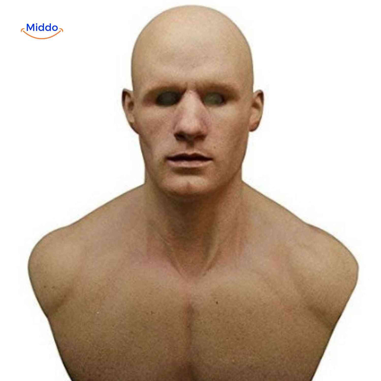 Realistic bald old man latex mask with smooth head and aged features.