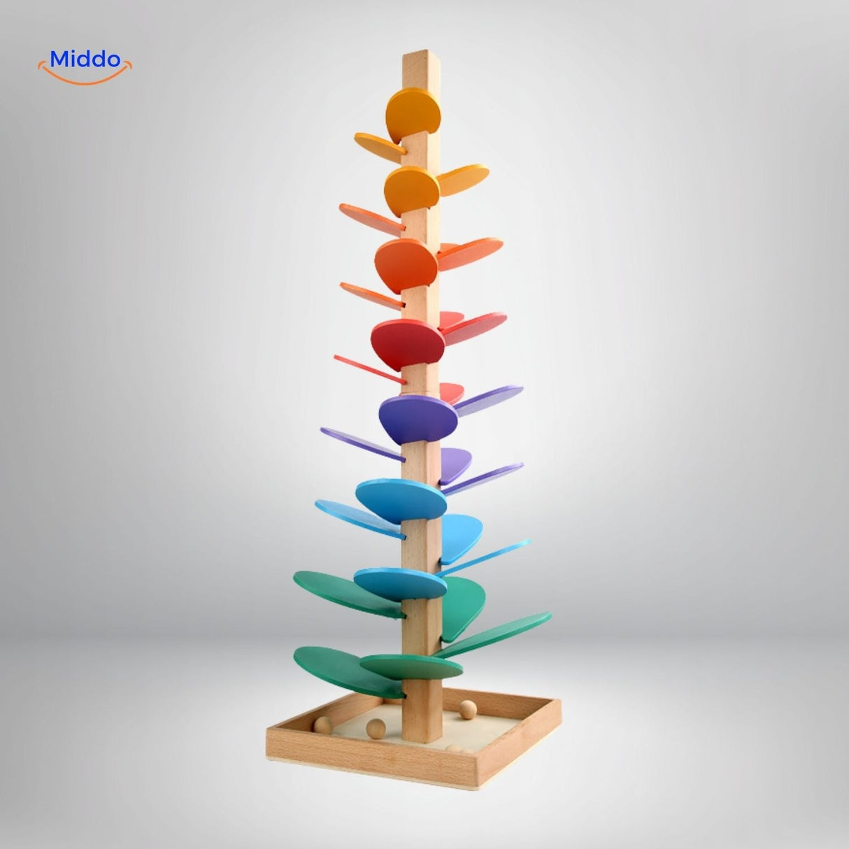 Wooden ball run tree built with green and blue color leaf choices.