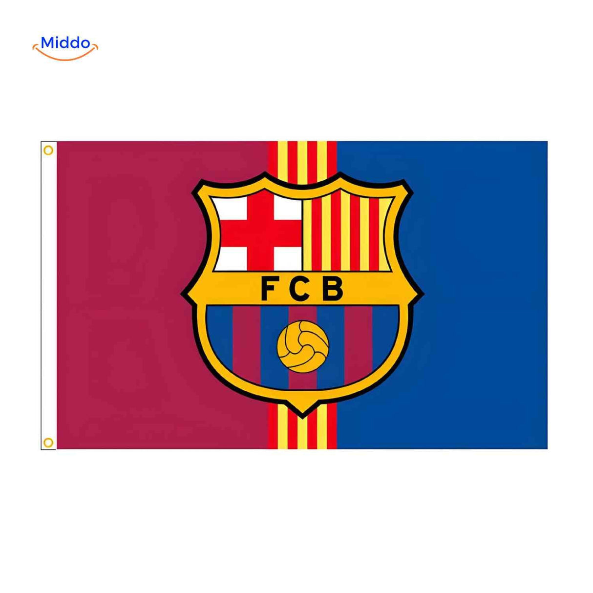 Barcelona club supporters flag with prominent logo for passionate fans worldwide.