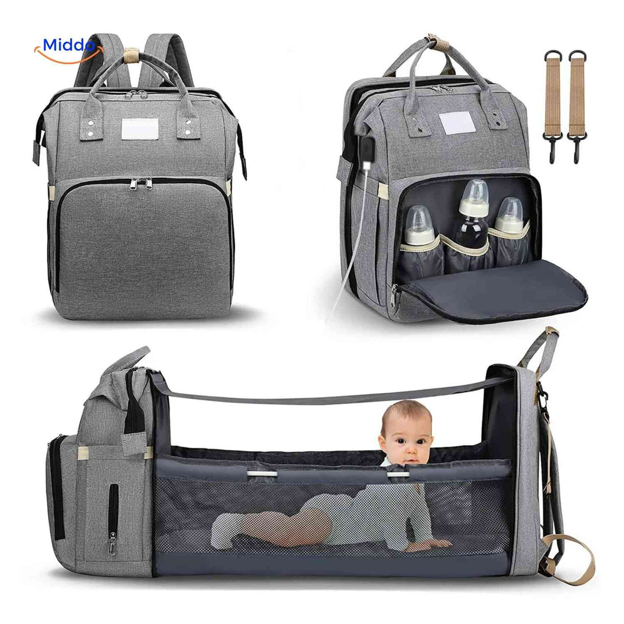 Diaper backpack with foldable bassinet and dedicated bottle compartments.