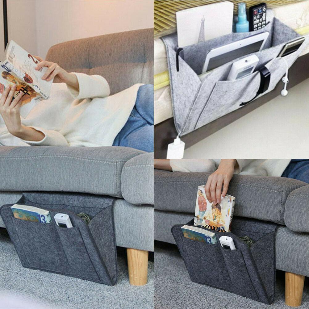 BedCaddy bedside storage organizer in medium gray felt for bedside storage.