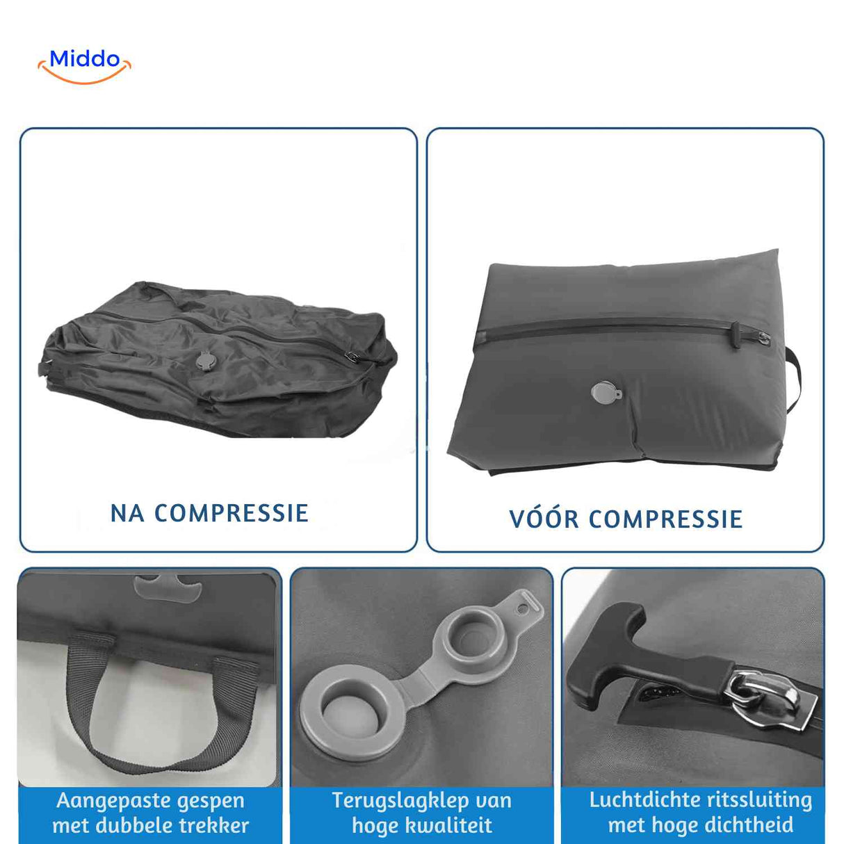 Vacubag before and after compression comparison showing compact storage with handle.